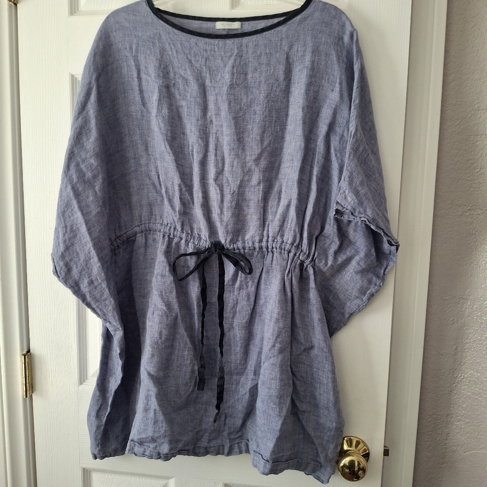 Fog Linen Work Size OS Caftan Style Tie Front Top Tunic Blouse Lagenlook Layer
